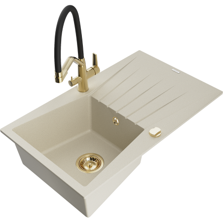 Mexen Cesar zlewozmywak granitowy 1-komorowy z ociekaczem i baterią kuchenną Duo, beżowy - 6514-69-671701-57-G