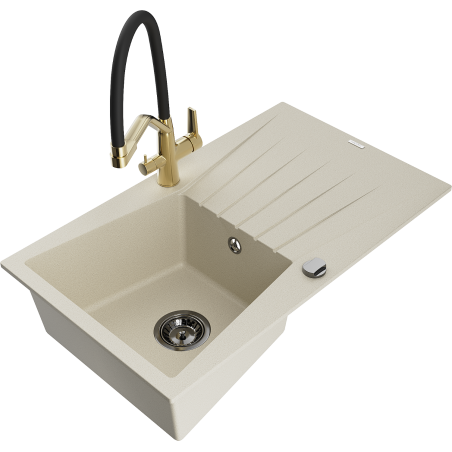 Mexen Cesar zlewozmywak granitowy 1-komorowy z ociekaczem i baterią kuchenną Duo, beżowy - 6514-69-671701-57-B