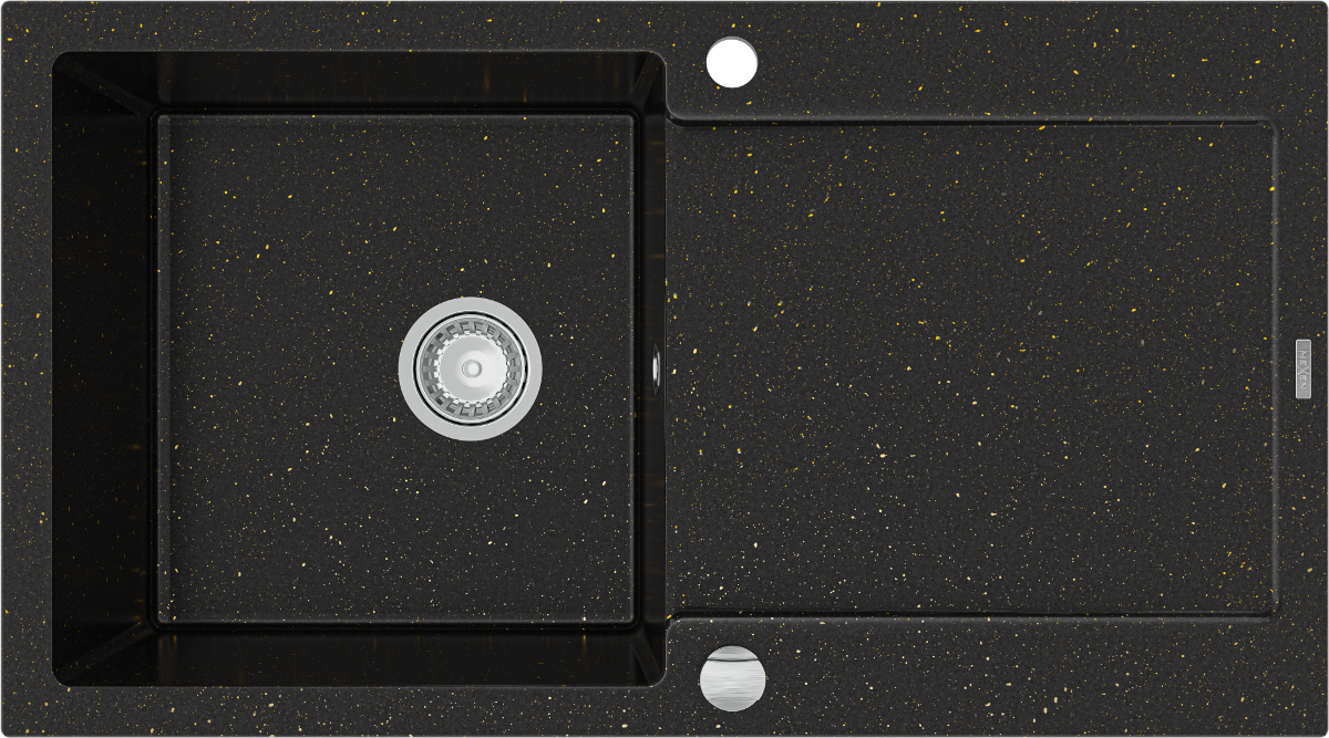 Mexen Leo zlewozmywak granitowy 1-komorowy z ociekaczem 900 x 500 mm, czarny/złoty metalik, syfon chrom - 6501901010-75