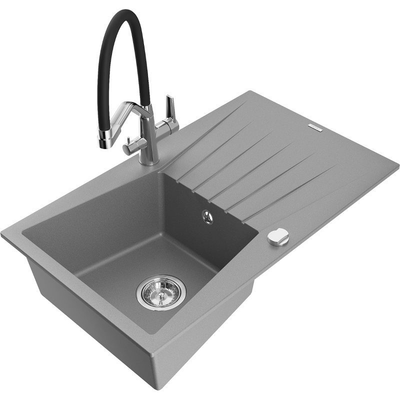 Mexen Cesar zlewozmywak granitowy 1-komorowy z ociekaczem i baterią kuchenną Duo, szary - 6514-71-671701-07