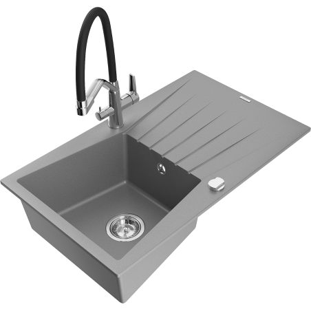Mexen Cesar zlewozmywak granitowy 1-komorowy z ociekaczem i baterią kuchenną Duo, szary - 6514-71-671701-07