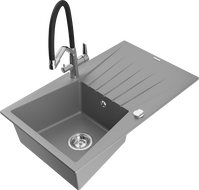 Mexen Cesar zlewozmywak granitowy 1-komorowy z ociekaczem i baterią kuchenną Duo, szary - 6514-71-671701-07