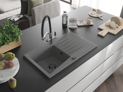 Mexen Cesar zlewozmywak granitowy 1-komorowy z ociekaczem i baterią kuchenną Duo, szary - 6514-71-671701-07-B