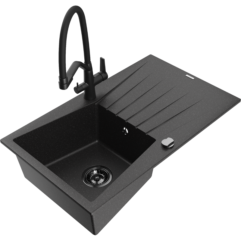 Mexen Cesar zlewozmywak granitowy 1-komorowy z ociekaczem i baterią kuchenną Duo, czarny/srebrny metalik - 6514-73-671701-70-B