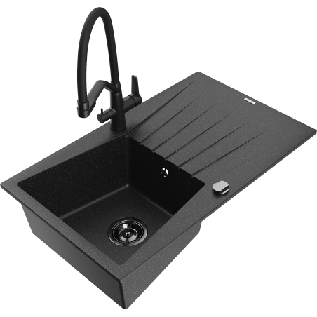 Mexen Cesar zlewozmywak granitowy 1-komorowy z ociekaczem i baterią kuchenną Duo, czarny/srebrny metalik - 6514-73-671701-70-B