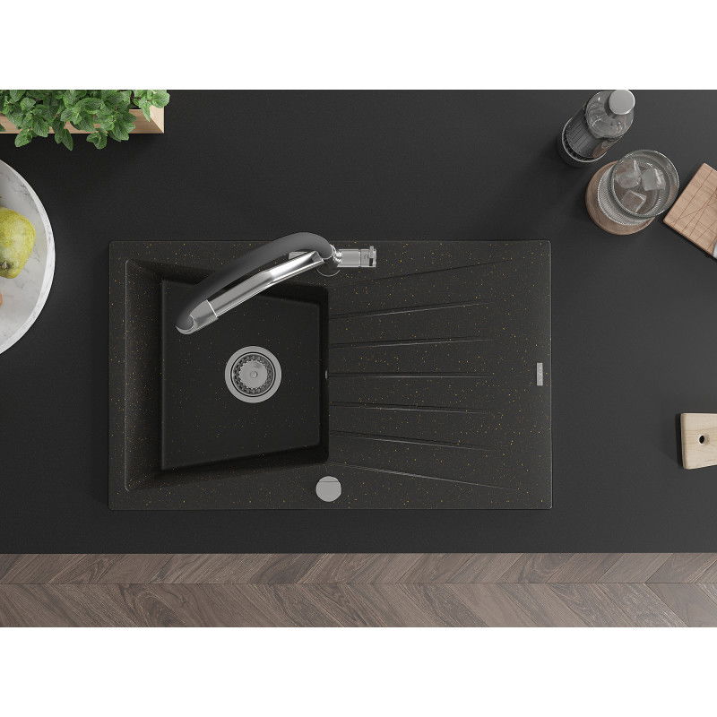 Mexen Cesar zlewozmywak granitowy 1-komorowy z ociekaczem i baterią kuchenną Duo, czarny/złoty metalik - 6514-75-671701-07
