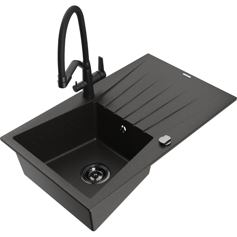 Mexen Cesar zlewozmywak granitowy 1-komorowy z ociekaczem i baterią kuchenną Duo, czarny/złoty metalik - 6514-75-671701-70-B