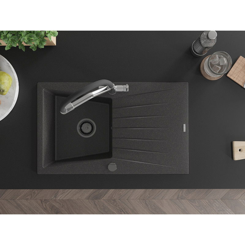 Mexen Cesar zlewozmywak granitowy 1-komorowy z ociekaczem i baterią kuchenną Duo, czarny nakrapiany - 6514-76-671701-07-B