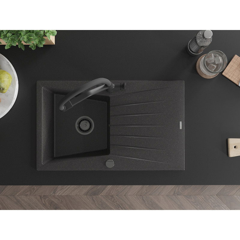 Mexen Cesar zlewozmywak granitowy 1-komorowy z ociekaczem i baterią kuchenną Duo, czarny nakrapiany - 6514-76-671701-70-B