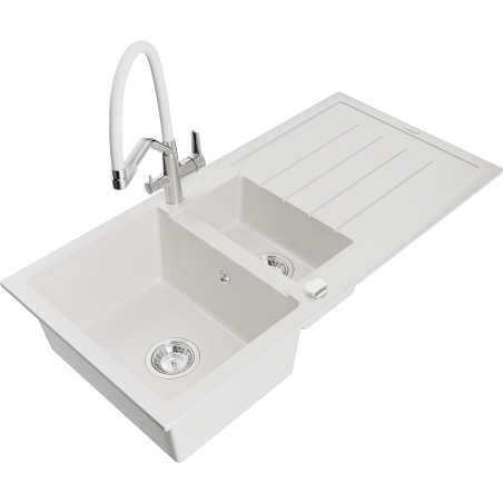 Mexen Andres zlewozmywak granitowy 1,5-komorowy z ociekaczem i baterią kuchenną Duo, biały - 6515-20-671701-02