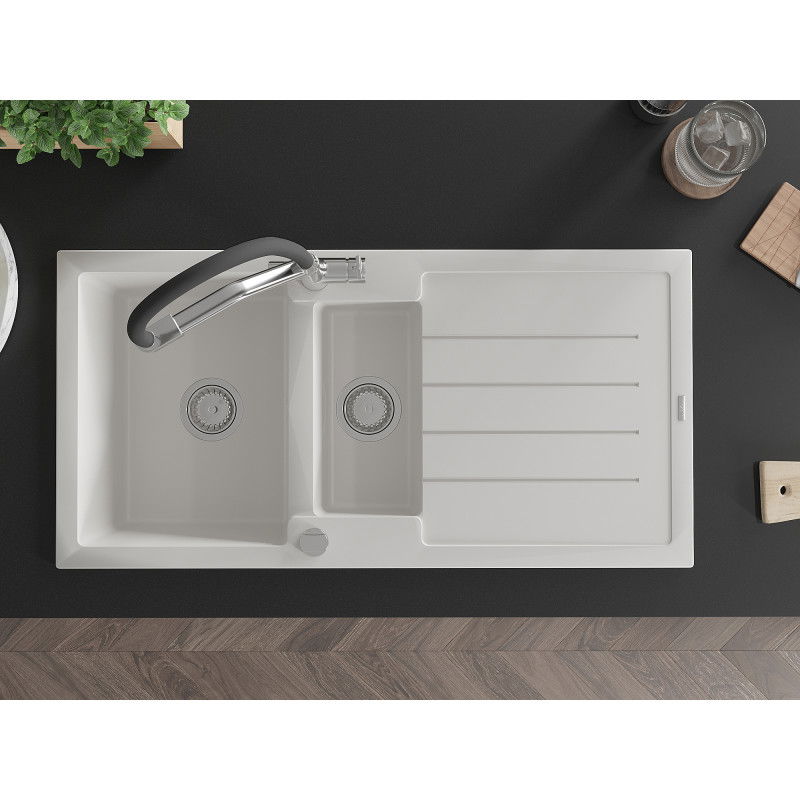 Mexen Andres zlewozmywak granitowy 1,5-komorowy z ociekaczem i baterią kuchenną Duo, biały - 6515-20-671701-07