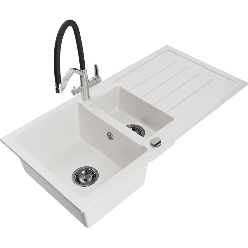 Mexen Andres zlewozmywak granitowy 1,5-komorowy z ociekaczem i baterią kuchenną Duo, biały - 6515-20-671701-07-B