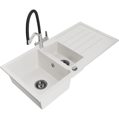 Mexen Andres zlewozmywak granitowy 1,5-komorowy z ociekaczem i baterią kuchenną Duo, biały - 6515-20-671701-07-B