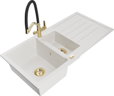 Mexen Andres zlewozmywak granitowy 1,5-komorowy z ociekaczem i baterią kuchenną Duo, biały - 6515-20-671701-57-G