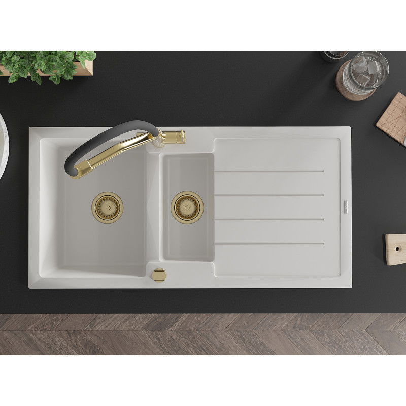 Mexen Andres zlewozmywak granitowy 1,5-komorowy z ociekaczem i baterią kuchenną Duo, biały - 6515-20-671701-57-G