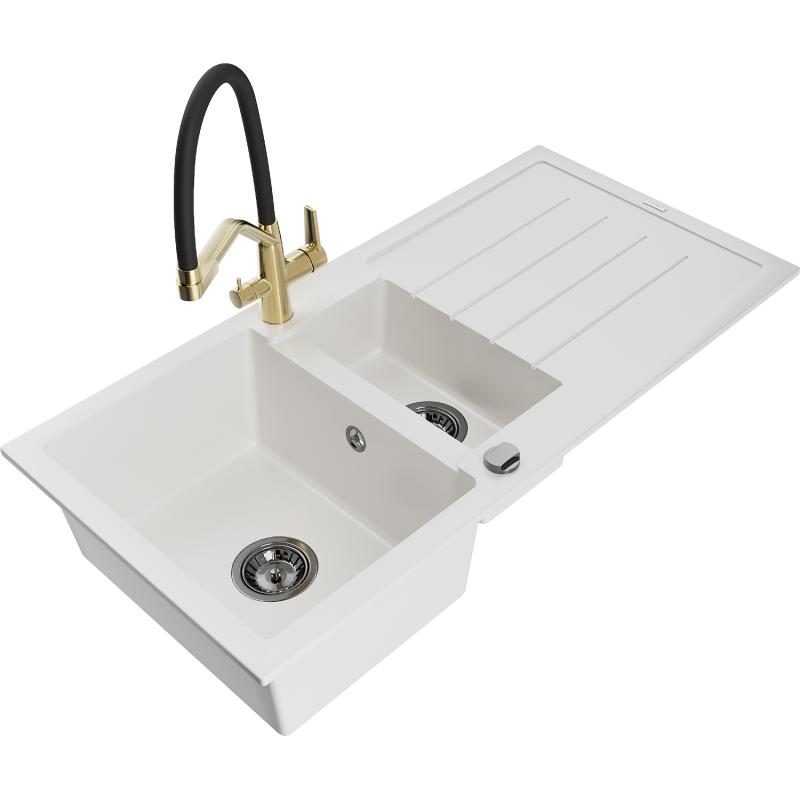 Mexen Andres zlewozmywak granitowy 1,5-komorowy z ociekaczem i baterią kuchenną Duo, biały - 6515-20-671701-57-B