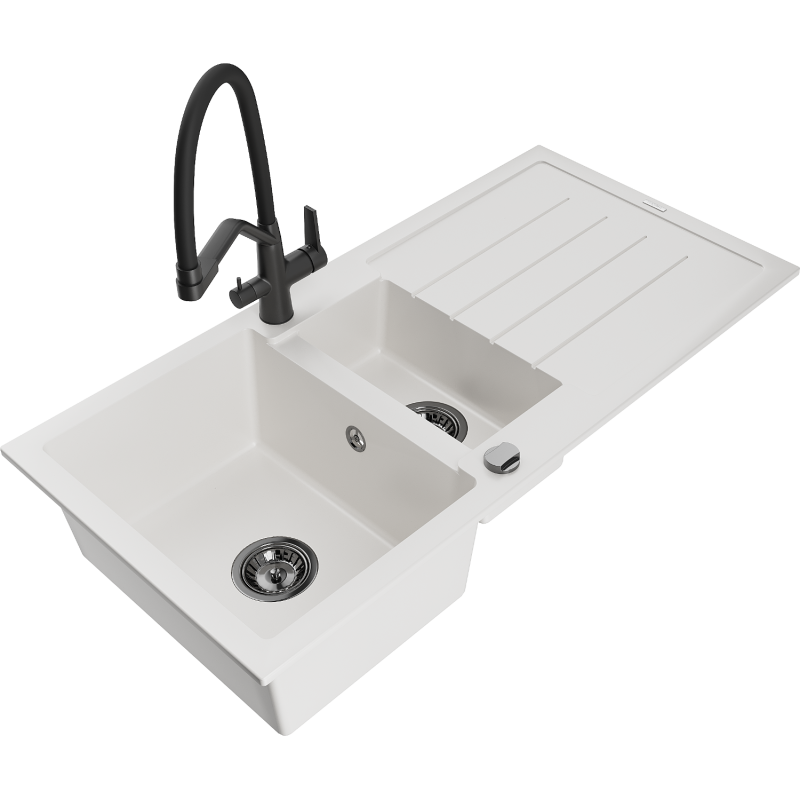 Mexen Andres zlewozmywak granitowy 1,5-komorowy z ociekaczem i baterią kuchenną Duo, biały - 6515-20-671701-70-B