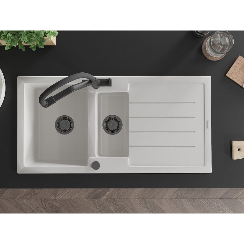 Mexen Andres zlewozmywak granitowy 1,5-komorowy z ociekaczem i baterią kuchenną Duo, biały - 6515-20-671701-70-B