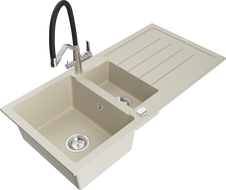Mexen Andres zlewozmywak granitowy 1,5-komorowy z ociekaczem i baterią kuchenną Duo, beżowy - 6515-69-671701-07