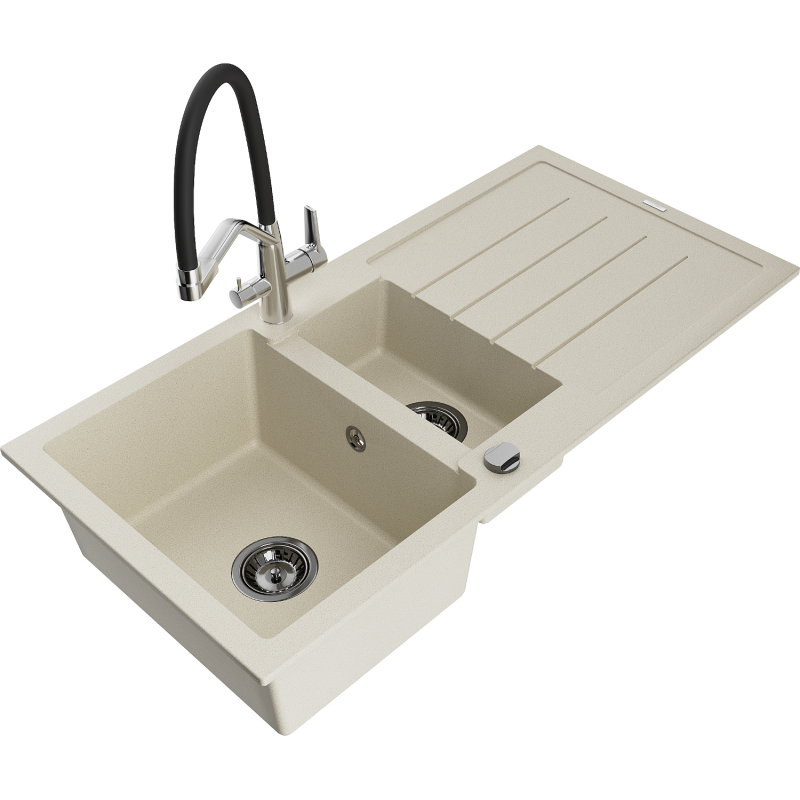 Mexen Andres zlewozmywak granitowy 1,5-komorowy z ociekaczem i baterią kuchenną Duo, beżowy - 6515-69-671701-07-B