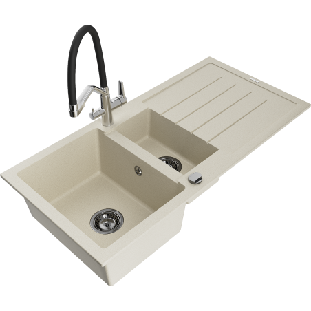 Mexen Andres zlewozmywak granitowy 1,5-komorowy z ociekaczem i baterią kuchenną Duo, beżowy - 6515-69-671701-07-B