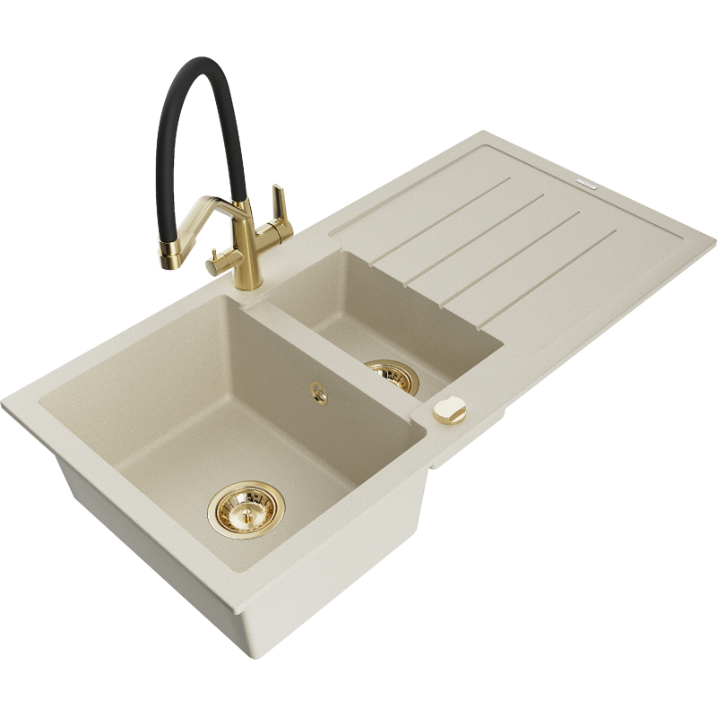 Mexen Andres zlewozmywak granitowy 1,5-komorowy z ociekaczem i baterią kuchenną Duo, beżowy - 6515-69-671701-57-G