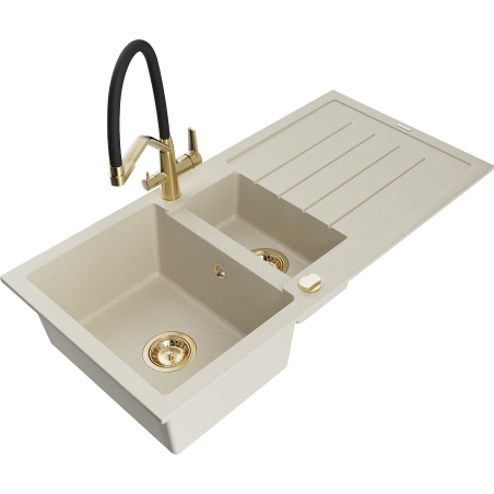 Mexen Andres zlewozmywak granitowy 1,5-komorowy z ociekaczem i baterią kuchenną Duo, beżowy - 6515-69-671701-57-G