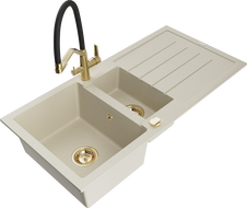 Mexen Andres zlewozmywak granitowy 1,5-komorowy z ociekaczem i baterią kuchenną Duo, beżowy - 6515-69-671701-57-G