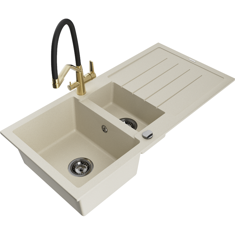 Mexen Andres zlewozmywak granitowy 1,5-komorowy z ociekaczem i baterią kuchenną Duo, beżowy - 6515-69-671701-57-B