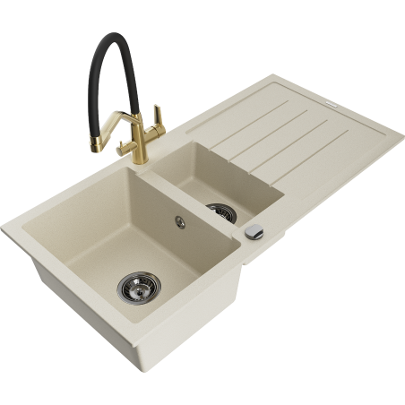 Mexen Andres zlewozmywak granitowy 1,5-komorowy z ociekaczem i baterią kuchenną Duo, beżowy - 6515-69-671701-57-B
