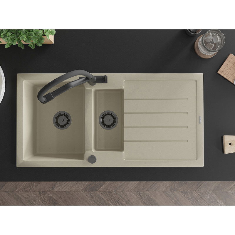 Mexen Andres zlewozmywak granitowy 1,5-komorowy z ociekaczem i baterią kuchenną Duo, beżowy - 6515-69-671701-70-B