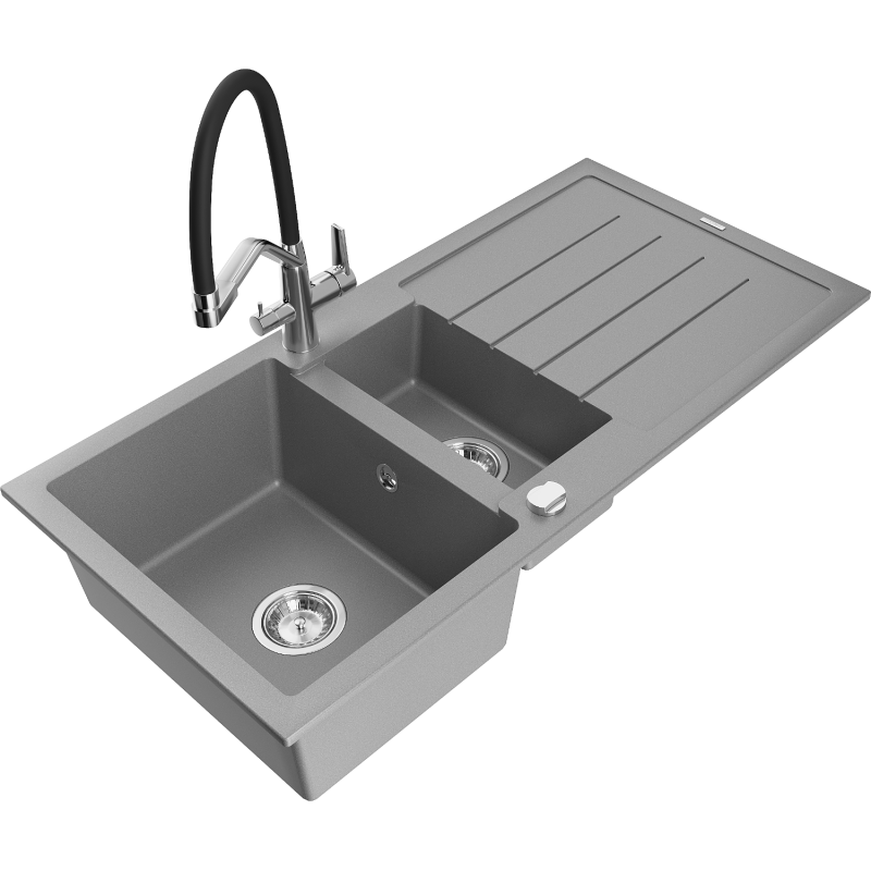 Mexen Andres zlewozmywak granitowy 1,5-komorowy z ociekaczem i baterią kuchenną Duo, szary - 6515-71-671701-07