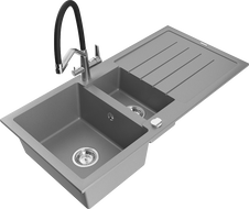 Mexen Andres zlewozmywak granitowy 1,5-komorowy z ociekaczem i baterią kuchenną Duo, szary - 6515-71-671701-07