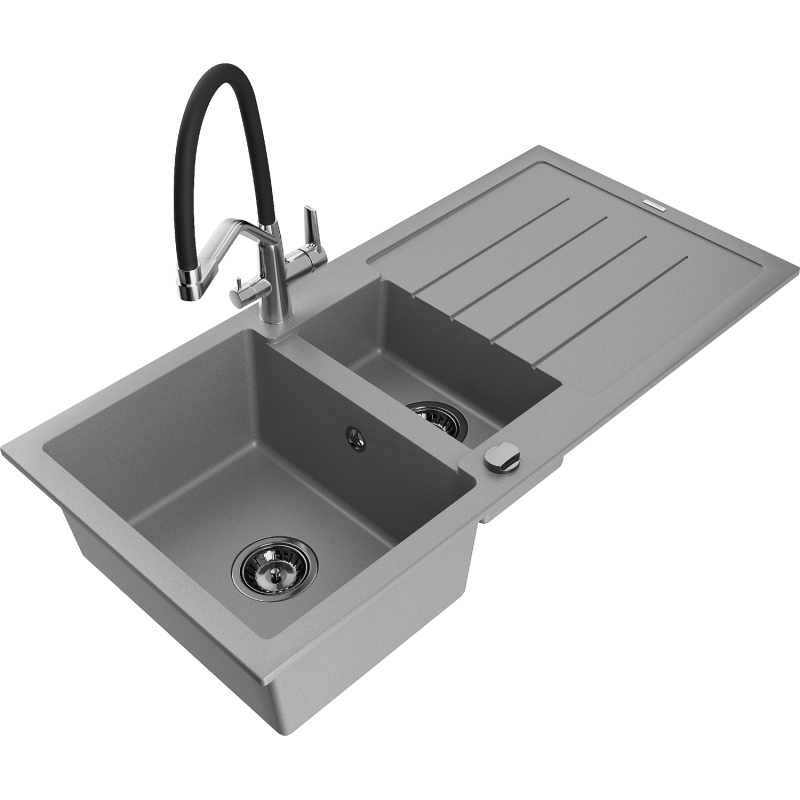 Mexen Andres zlewozmywak granitowy 1,5-komorowy z ociekaczem i baterią kuchenną Duo, szary - 6515-71-671701-07-B