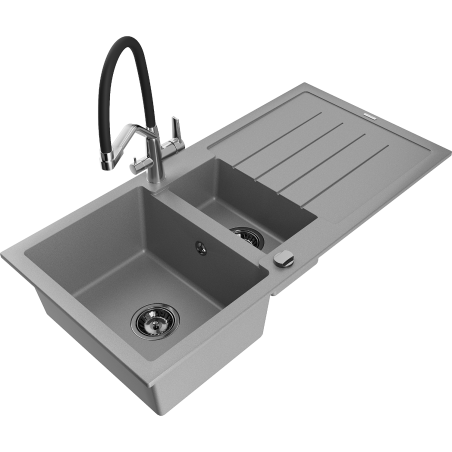 Mexen Andres zlewozmywak granitowy 1,5-komorowy z ociekaczem i baterią kuchenną Duo, szary - 6515-71-671701-07-B