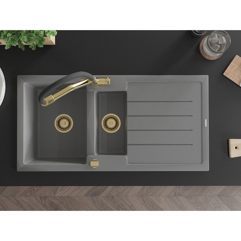 Mexen Andres zlewozmywak granitowy 1,5-komorowy z ociekaczem i baterią kuchenną Duo, szary - 6515-71-671701-57-G