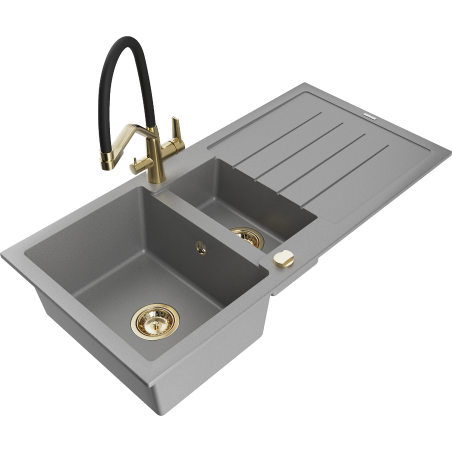 Mexen Andres zlewozmywak granitowy 1,5-komorowy z ociekaczem i baterią kuchenną Duo, szary - 6515-71-671701-57-G