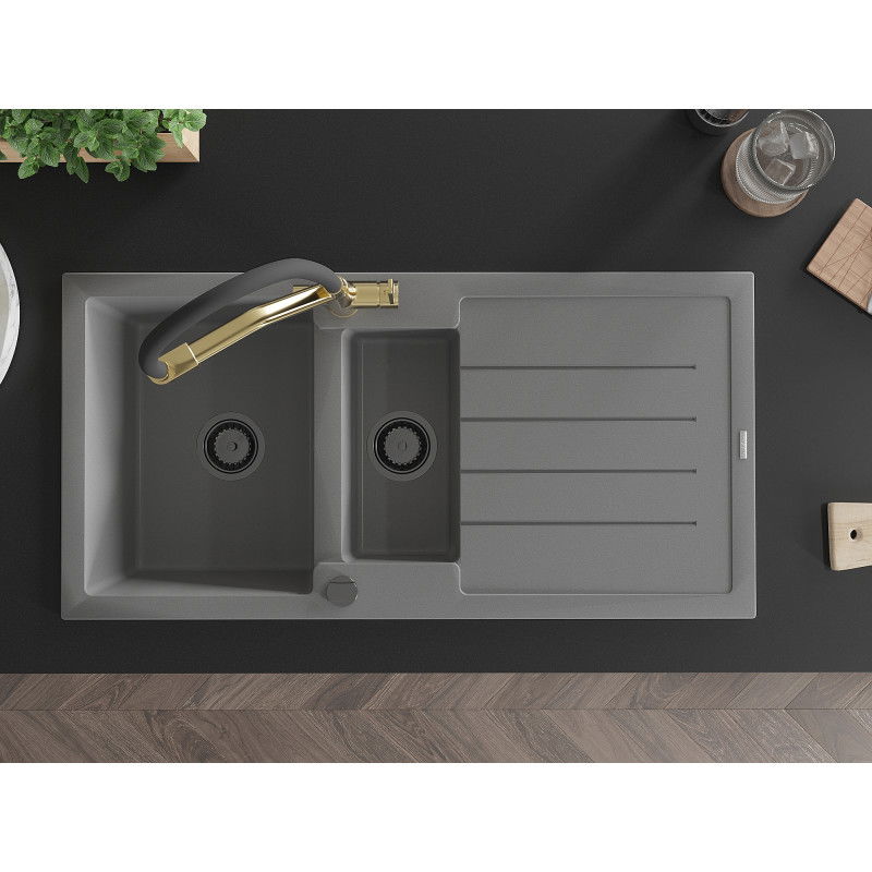 Mexen Andres zlewozmywak granitowy 1,5-komorowy z ociekaczem i baterią kuchenną Duo, szary - 6515-71-671701-57-B
