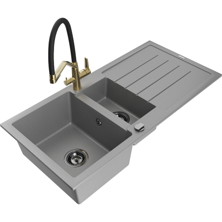 Mexen Andres zlewozmywak granitowy 1,5-komorowy z ociekaczem i baterią kuchenną Duo, szary - 6515-71-671701-57-B