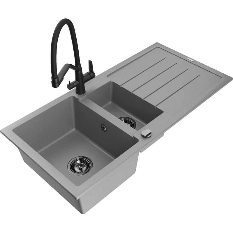 Mexen Andres zlewozmywak granitowy 1,5-komorowy z ociekaczem i baterią kuchenną Duo, szary - 6515-71-671701-70-B