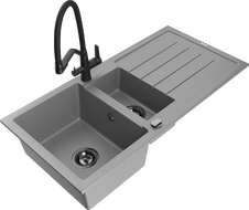 Mexen Andres zlewozmywak granitowy 1,5-komorowy z ociekaczem i baterią kuchenną Duo, szary - 6515-71-671701-70-B