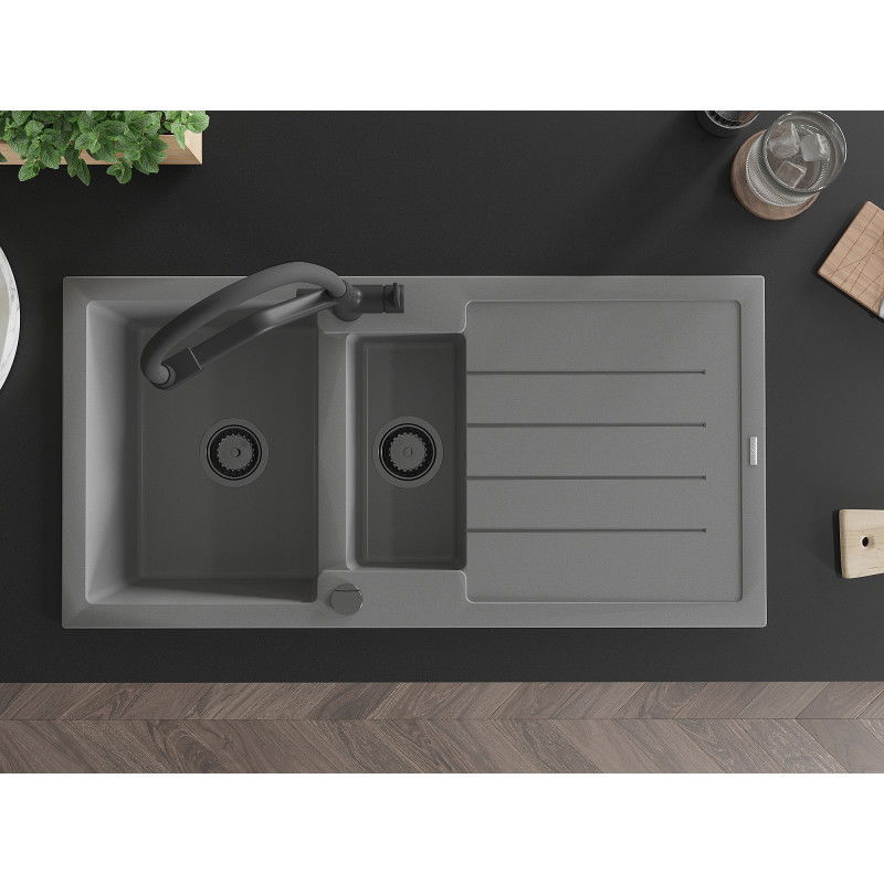 Mexen Andres zlewozmywak granitowy 1,5-komorowy z ociekaczem i baterią kuchenną Duo, szary - 6515-71-671701-70-B