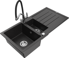 Mexen Andres zlewozmywak granitowy 1,5-komorowy z ociekaczem i baterią kuchenną Duo, czarny/srebrny metalik - 6515-73-671701-07