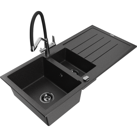 Mexen Andres zlewozmywak granitowy 1,5-komorowy z ociekaczem i baterią kuchenną Duo, czarny/srebrny - 6515-73-671701-07-B