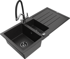 Mexen Andres zlewozmywak granitowy 1,5-komorowy z ociekaczem i baterią kuchenną Duo, czarny/srebrny - 6515-73-671701-07-B