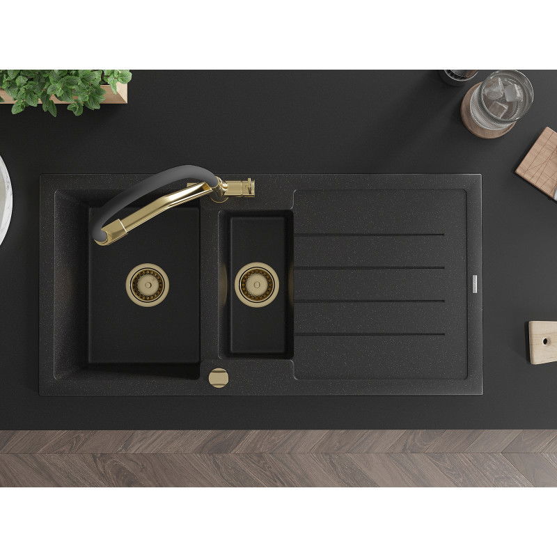 Mexen Andres zlewozmywak granitowy 1,5-komorowy z ociekaczem i baterią kuchenną Duo, czarny/srebrny - 6515-73-671701-57-G