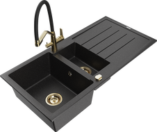 Mexen Andres zlewozmywak granitowy 1,5-komorowy z ociekaczem i baterią kuchenną Duo, czarny/srebrny - 6515-73-671701-57-G
