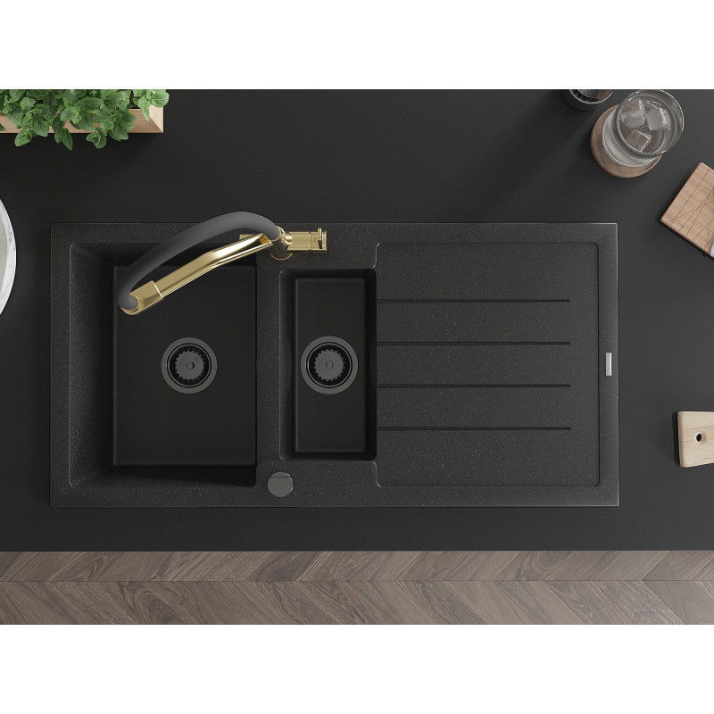 Mexen Andres zlewozmywak granitowy 1,5-komorowy z ociekaczem i baterią kuchenną Duo, czarny/srebrny - 6515-73-671701-57-B