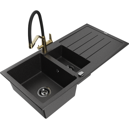 Mexen Andres zlewozmywak granitowy 1,5-komorowy z ociekaczem i baterią kuchenną Duo, czarny/srebrny - 6515-73-671701-57-B