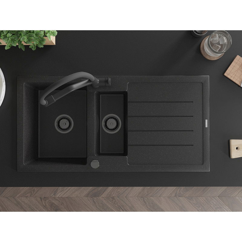 Mexen Andres zlewozmywak granitowy 1,5-komorowy z ociekaczem i baterią kuchenną Duo, czarny/srebrny - 6515-73-671701-70-B